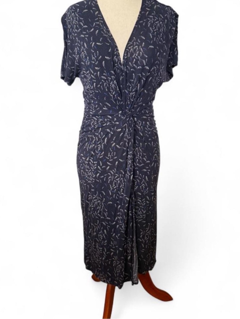 MNG Mango Casual Navy Twist-Front Midi Dress with Leaf Print M (US)